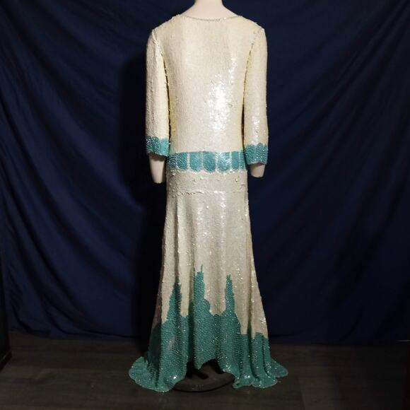 Vintage Art Deco Sequin Beaded Gown Cream Green M Ballroom Pageant Competition - Picture 3 of 15